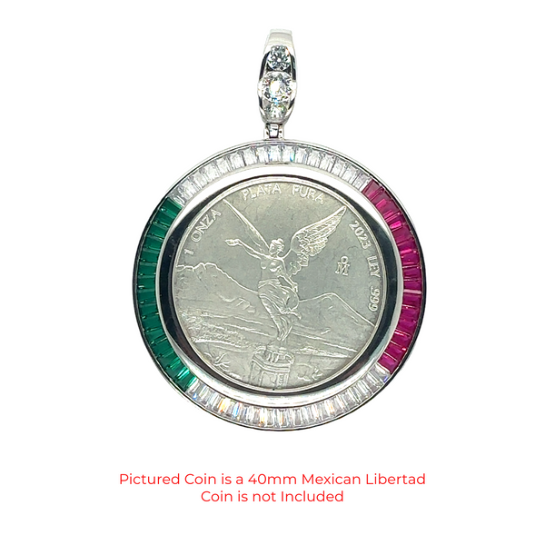 Rhodium Plated 925 Sterling Silver Bezel for Coin Baguette Clear Green and Red CZ Pendant