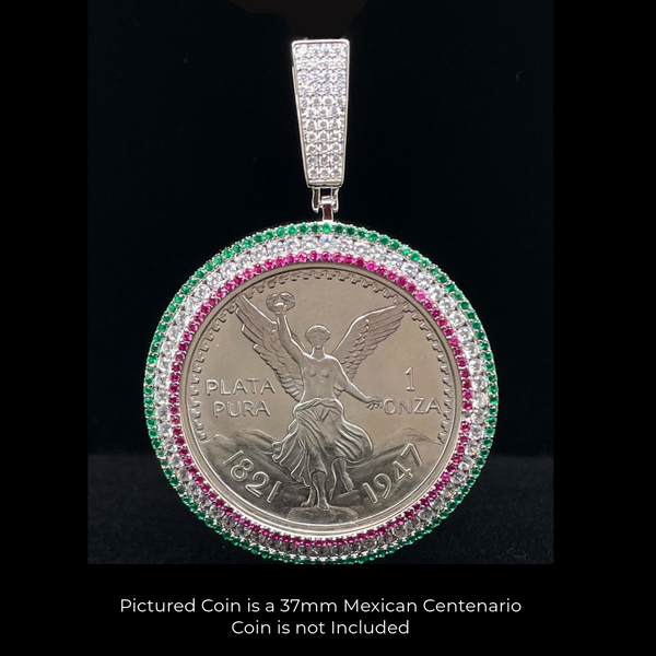 Rhodium Plated 925 Sterling Silver Coin Bezel Clear Studded Red Green and Clear CZ Pendant