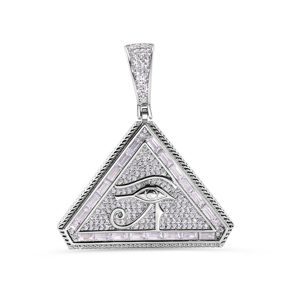 Rhodium Plated 925 Sterling Silver Eye of Horus Triangle Clear Baguette and Round CZ Pendant