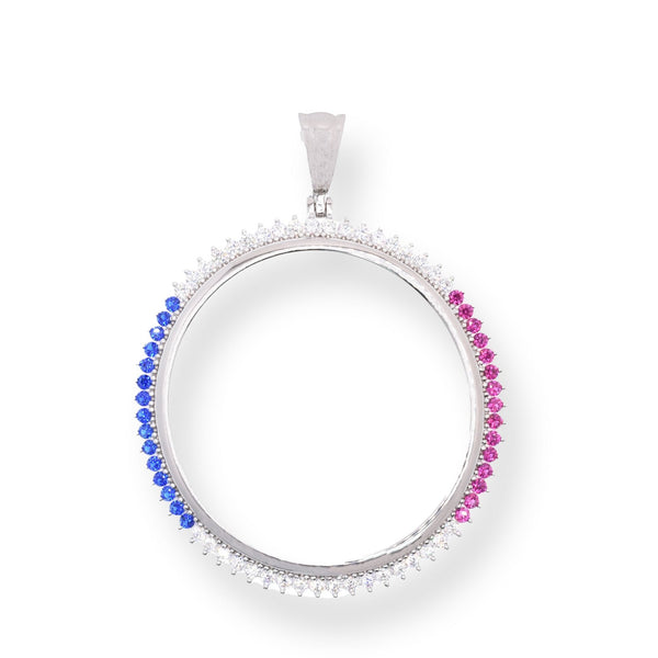Rhodium Plated 925 Sterling Silver Bezel for Coin Clear Blue and Red CZ Pendant