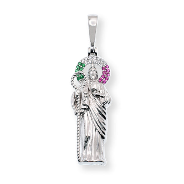 Rhodium Plated 925 Sterling Silver Saint Jude Clear Green Red CZ 11.5mm x 31mm Pendant