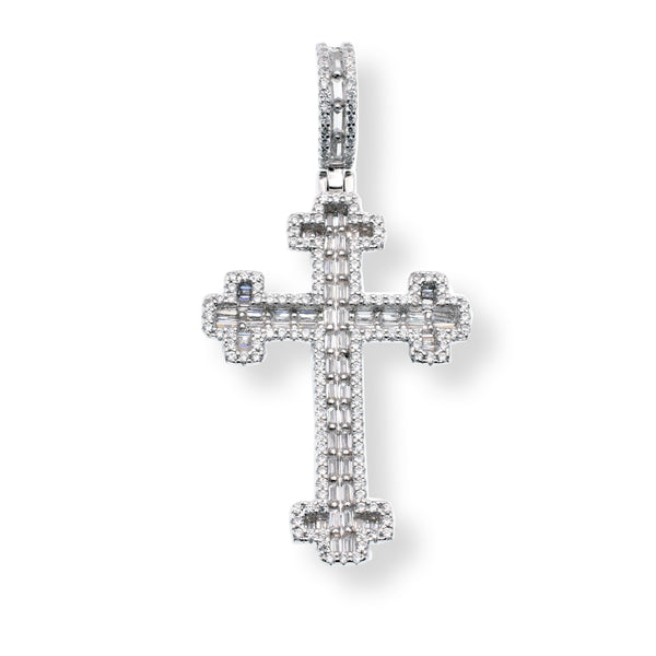 Rhodium Plated 925 Sterling Silver Cross Crosslet Baguette and Round Clear CZ 25mm x 35.8mm Pendant