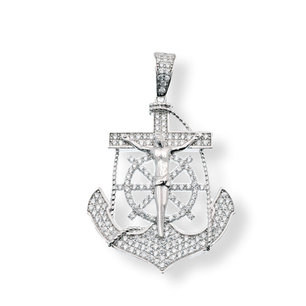 Rhodium Plated 925 Sterling Silver Jesus Cross Anchor Clear CZ 29.6mm x 35.1mm Pendant