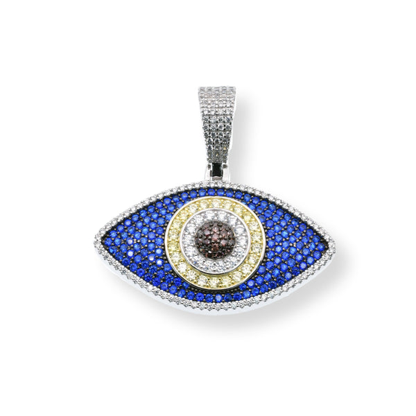 Rhodium and Gold Plated 925 Sterling Silver Evil Eye Clear Blue Brown CZ 35.3mm x 19.8mm Pendant
