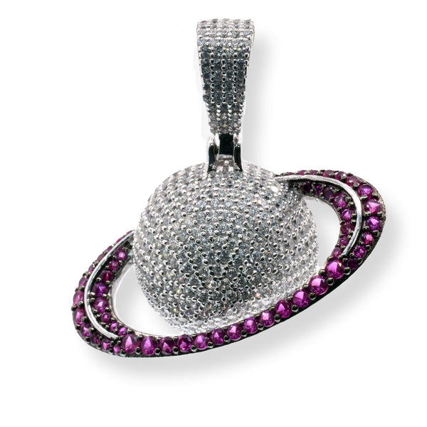 Rhodium Plated 925 Sterling Silver Saturn Clear and Pink CZ 34.9mm x 19.1mm Pendant