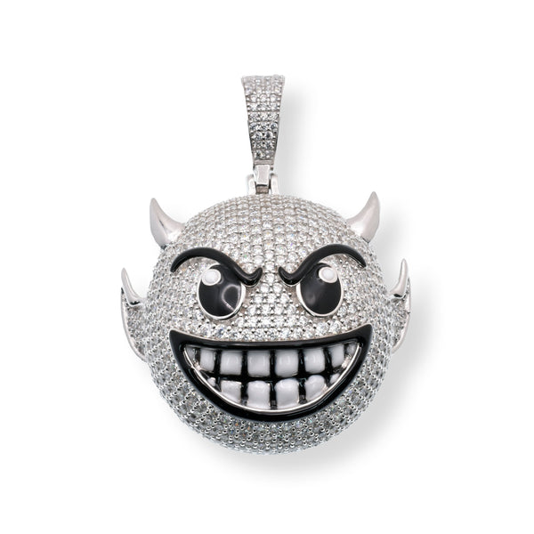 Rhodium Plated 925 Sterling Silver Devil Emoji Black Enamel Clear CZ 33.1mm x 29.8mm Pendant
