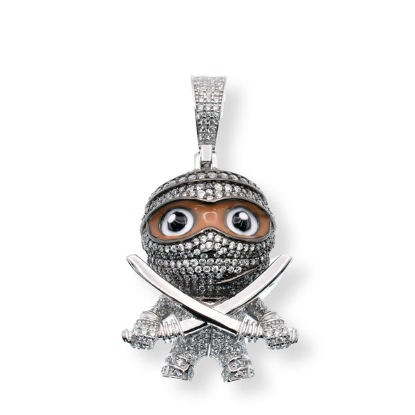Rhodium Plated 925 Sterling Silver Double Sword Ninja Brown Enamel Clear CZ 24.4mm x 30.9mm Pendant