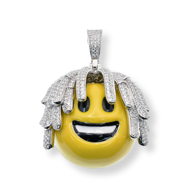 Rhodium Plated 925 Sterling Silver Dreadlocks Smiley Yellow and Black Enamel Clear CZ 35.2mm x 31mm Pendant