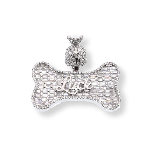 Rhodium Plated 925 Sterling Silver Dog Bone Goodluck Money Bag Baguette and Round Clear CZ 37.4mm x 32.6mm Pendant