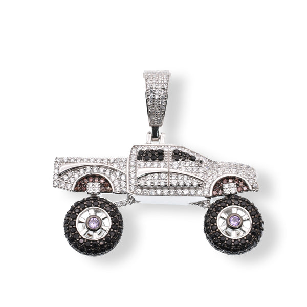 Rhodium Plated 925 Sterling Silver Pickup Truck Spinning Wheels Clear Brown and Black CZ 40.6mm x 23mm Pendant
