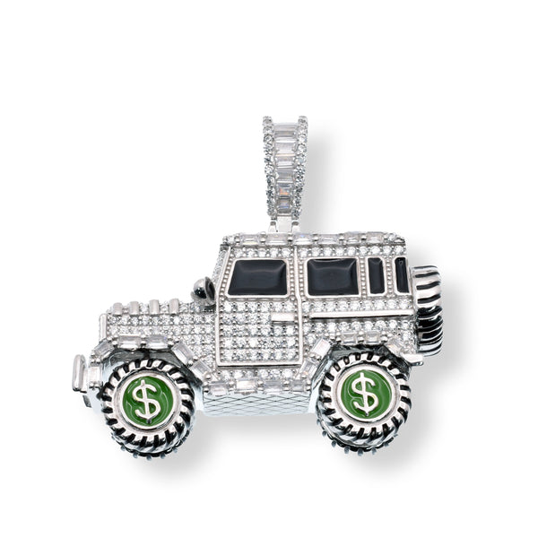 Rhodium Plated 925 Sterling Silver SUV Spinning Dollar Wheels Baguette and Round Clear CZ 40.8mm x 20.4mm Pendant