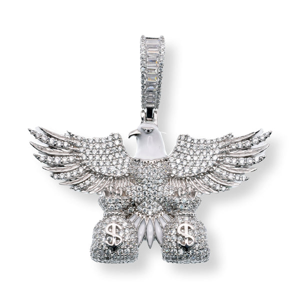 Rhodium Plated 925 Sterling Silver American Eagle Money Bag White Enamel CZ 50.2mm x 28.9mm Pendant