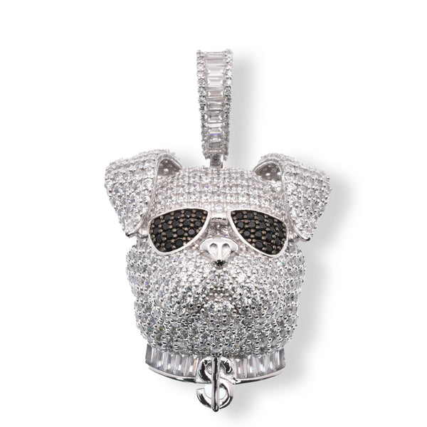 Rhodium Plated 925 Sterling Silver Bulldog on Sunglasses Dollar Sign Baguette and Round Black Clear CZ 31.3mm x 36.3mm Pendant