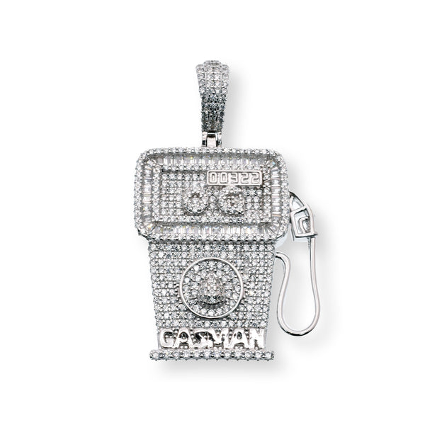 Rhodium Plated 925 Sterling Silver Gas Pump Baguette and Round Clear CZ 26.8mm x 31.5mm Pendant