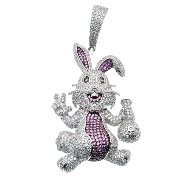 Rhodium Plated 925 Sterling Silver Rabbit Money Bag Clear Purple CZ 36.6mm x 59.5mm Pendant