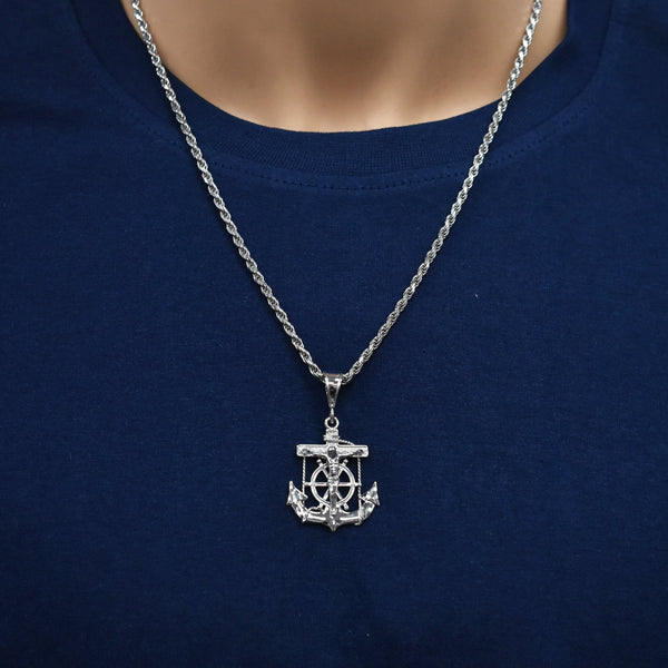 Rhodium Plated 925 Sterling Silver Anchor Crucifix Nautical 25mm x 33mm Pendant