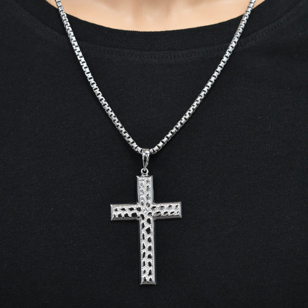 Rhodium Plated 925 Sterling Silver Nugget Cross 35.5mm x 53mm Pendant