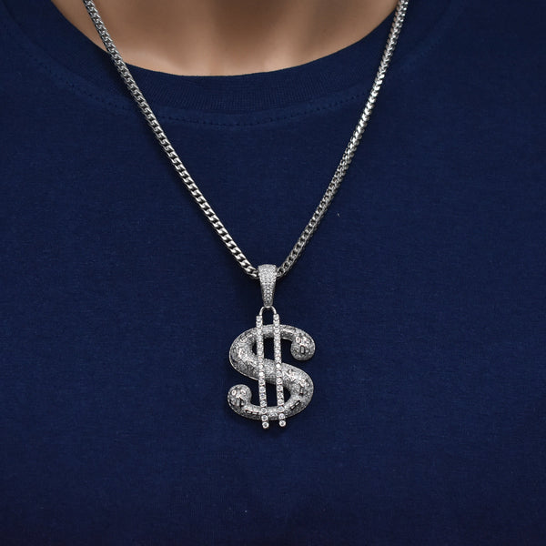 Rhodium Plated 925 Sterling Silver Dollar Sign CZ Studded 28mm x 41mm Pendant