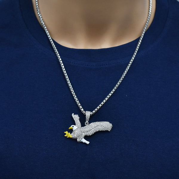 Rhodium Plated 925 Sterling Silver Eagle White and Yellow Enamel Iced Out 51mm x 28mm Pendant