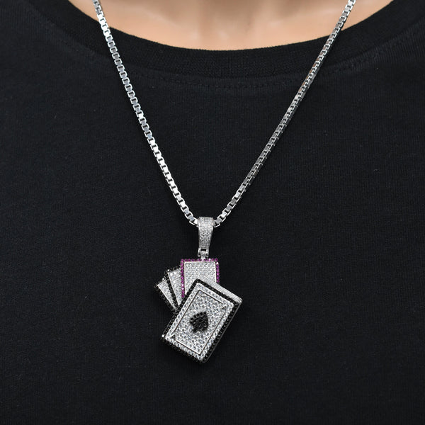 Rhodium Plated 925 Sterling Silver Cards Spade Clear Black and Red CZ 29mm x 34mm Pendant