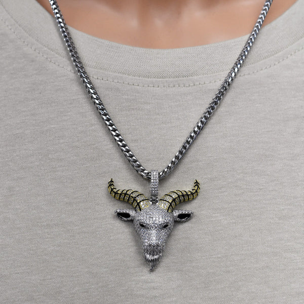 Rhodium Plated 925 Sterling Silver The Devil Goat Baphomet Black Enamel Clear CZ 39mm x 41mm Pendant