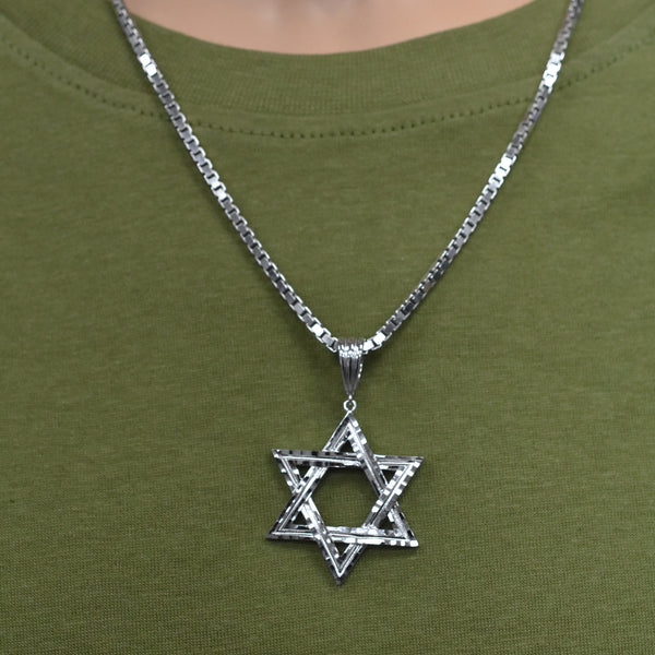 Rhodium Plated 925 Sterling Silver Diamond Cut Star of David 34mm Pendant