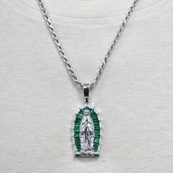 Rhodium Plated 925 Sterling Silver Our Lady of Guadalupe Green Baguette and Round Clear CZ 21mm x 35mm Pendant