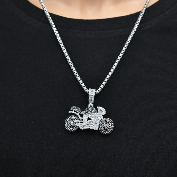 Rhodium Plated 925 Sterling Silver Motocycle Black Round and Clear Baguette CZ Studded 40mm x 22mm Pendant