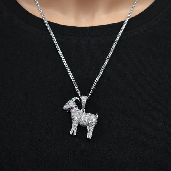 Rhodium Plated 925 Sterling Silver Goat Red and Clear CZ 33.6mm x 34mm Pendant
