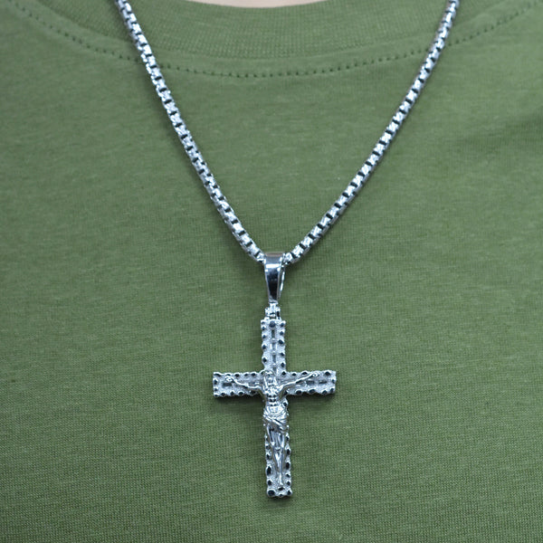 Rhodium Plated 925 Sterling Silver Nugget Crucifix Cross Baguette Clear CZ 29mm x 41mm Pendant