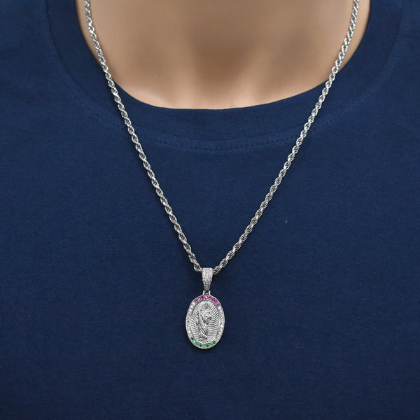 Rhodium Plated 925 Sterling Silver Saint Jude Clear Red and Green 17mm x 24mm Oval Pendant