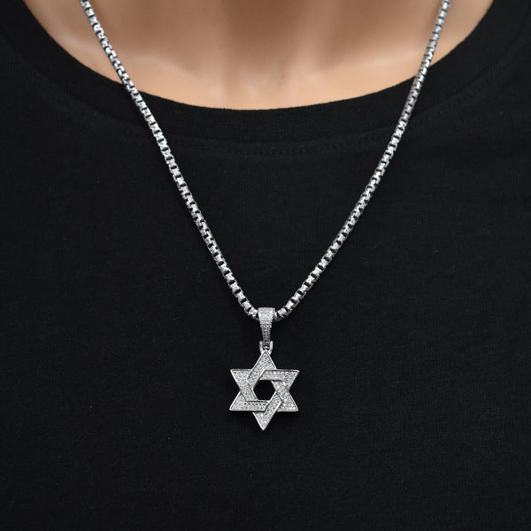 Rhodium Plated 925 Sterling Silver Star Of David Iced Out Clear CZ 23mm Pendant