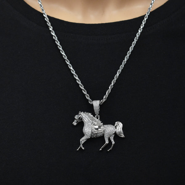 Rhodium Plated 925 Sterling Silver Iced Out Horse Clear CZ 42mm x 30mm Pendant