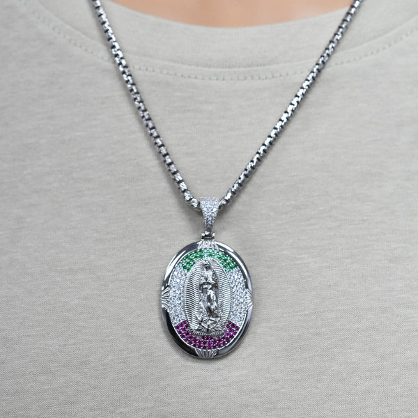 Rhodium Plated 925 Sterling Silver Our Lady of Guadalupe Multicolor CZ Iced Out 28mm x 35mm Pendant