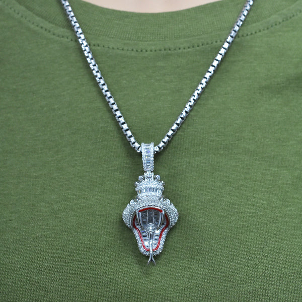 Rhodium Plated 925 Sterling Silver Iced Out King Viper Snake Red Enamel Clear CZ 23mm x 38mm Pendant