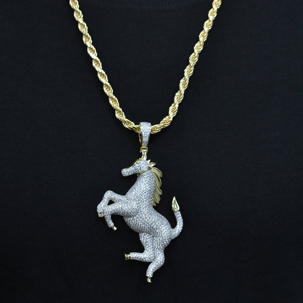 Two-Tone Plated 925 Sterling Silver Iced Out Horse 53mm x 65mm Pendant