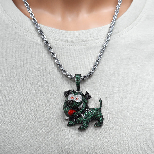 Rhodium Plated 925 Sterling Silver Iced Out Dog Green Black and Clear CZ 41mm x 40mm Pendant