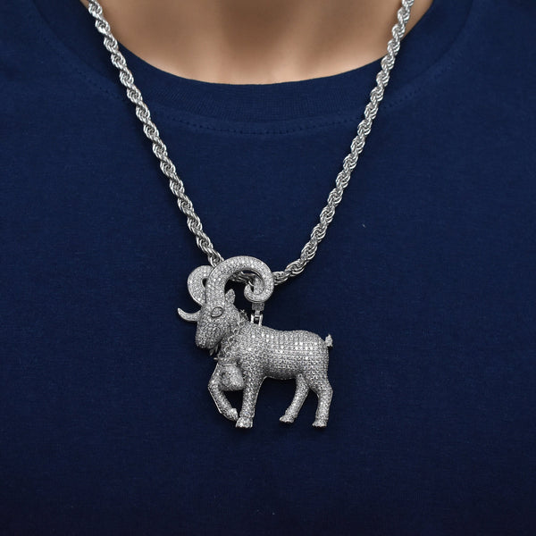 Rhodium Plated 925 Sterling Silver Iced Out Mountain Goat Money Bag Clear CZ 52mm x 58mm Pendant