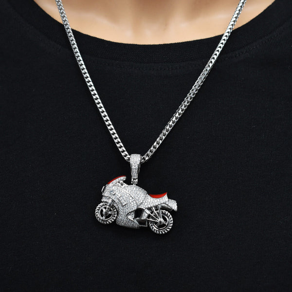 Rhodium Plated 925 Sterling Silver Motorcycle Red Enamel Iced Out Clear CZ 39mm x 25mm Pendant