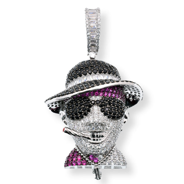 Rhodium Plated 925 Sterling Silver Mafia Smoking Cigar Baguette and Round Black Pink and Clear CZ 32mm x 39.7mm Pendant