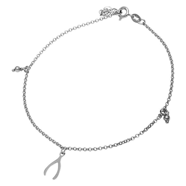 Rhodium Plated 925 Sterling Silver Wishbone and Bead Anklet