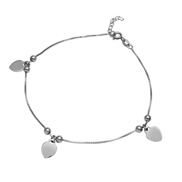 Rhodium Plated 925 Sterling Silver Heart and Bead Anklet