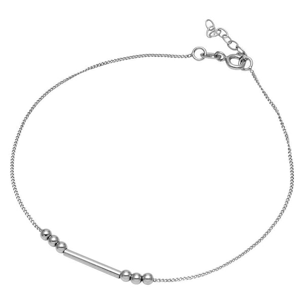 Rhodium Plated 925 Sterling Silver Bar with Trio Bead Design Anklet