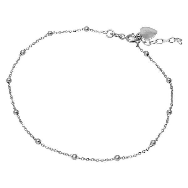 Rhodium Plated 925 Sterling Silver DC Beads and Heart Anklet