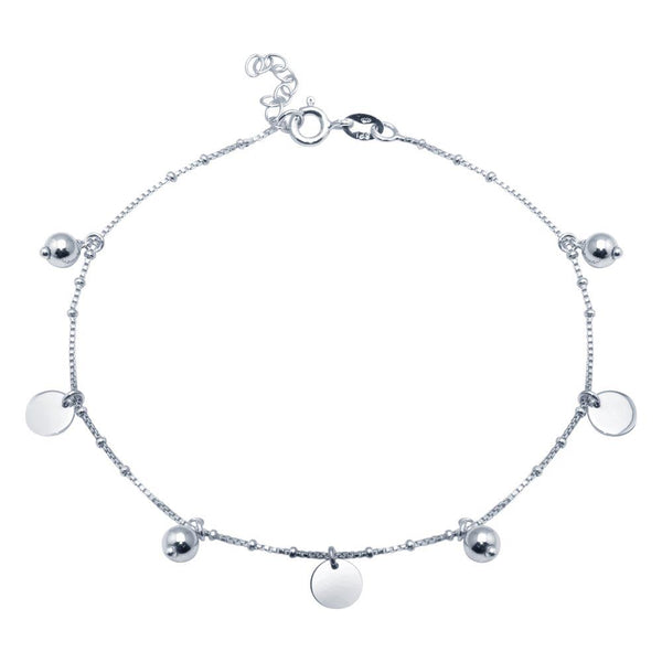 Rhodium Plated 925 Sterling Silver Round and Flat Circle Charm Anklet