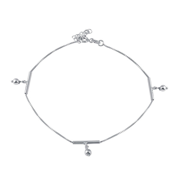Rhodium Plated 925 Sterling Silver Dangling Bar Beads Charm Anklet
