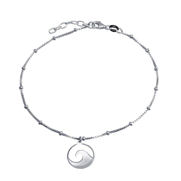 Rhodium Plated 925 Sterling Silver Disc Wave Design Beaded Box Chain Anklet
