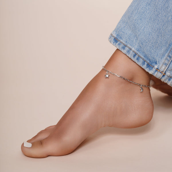 Rhodium Plated 925 Sterling Silver Paperclip Chain Stars and Moon Charm Adjustable Anklet