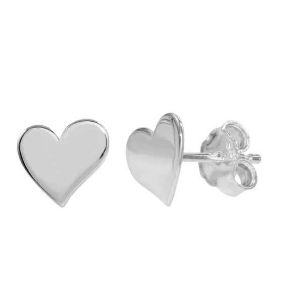Rhodium Plated 925 Sterling Silver Flat Heart Stud Earrings