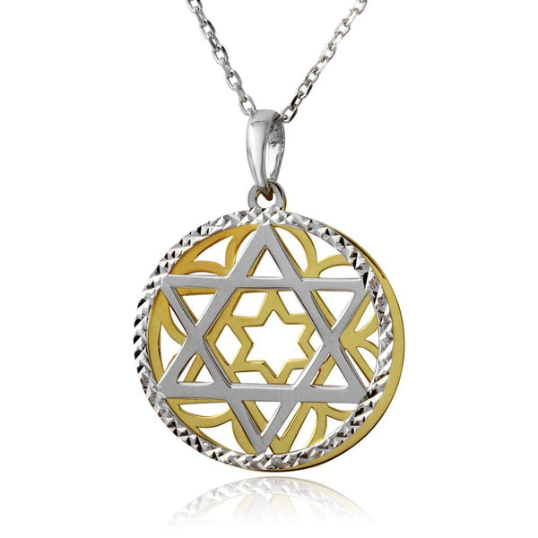 Gold and Rhodium Plated 925 Sterling Silver Star of David Medallion Necklace